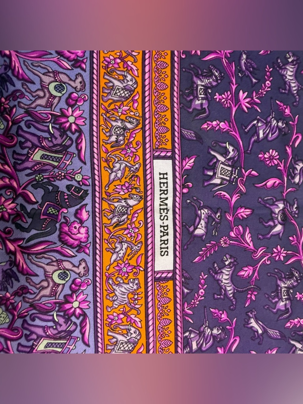 Hermes Silk Scarf Chasse En Inde Purple Orange India Hunter Tiger Elephant Horse - Picture 6 of 12